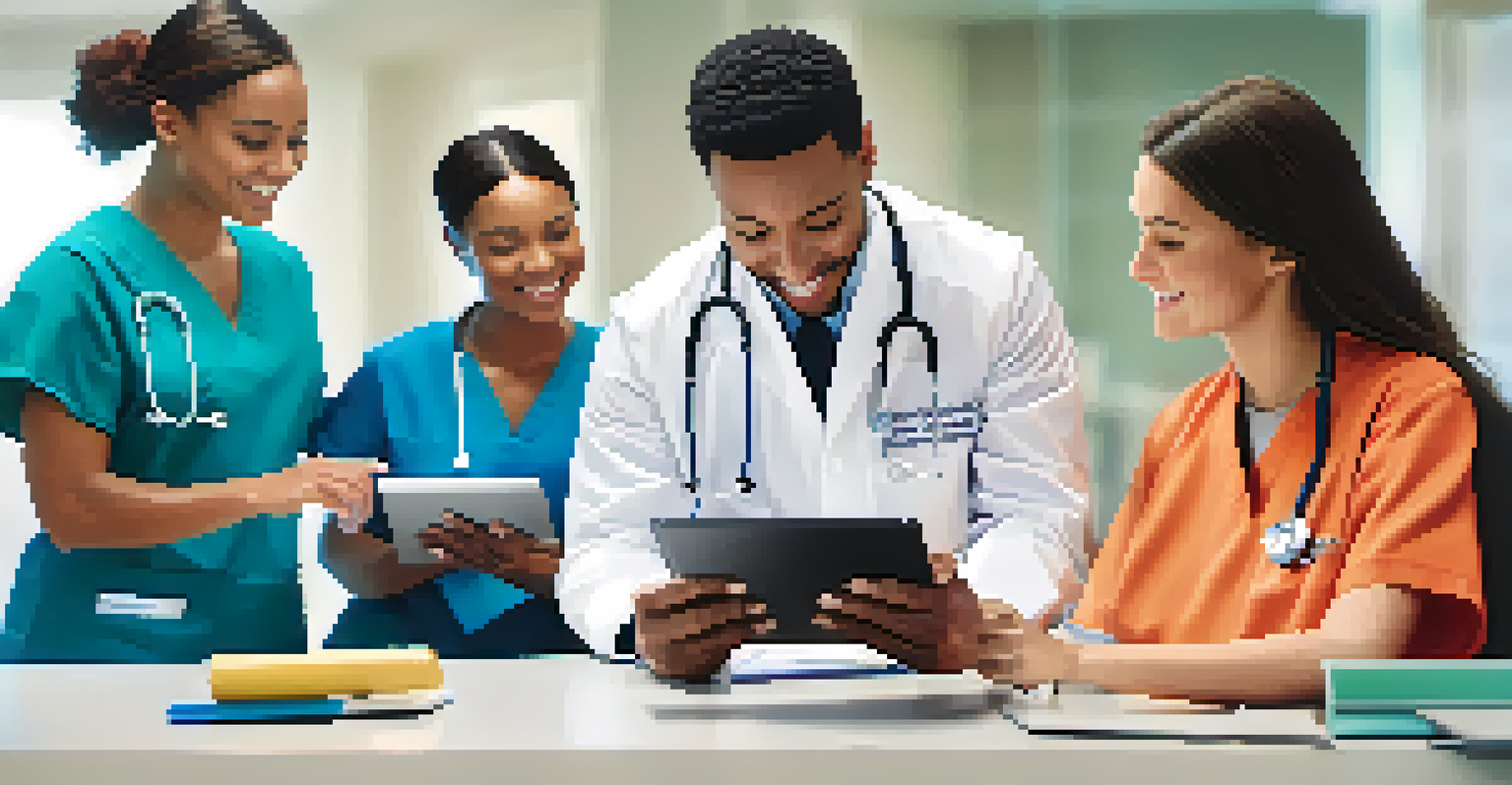 A healthcare professional analyzing patient satisfaction surveys on a tablet, with a healthcare facility in the background.