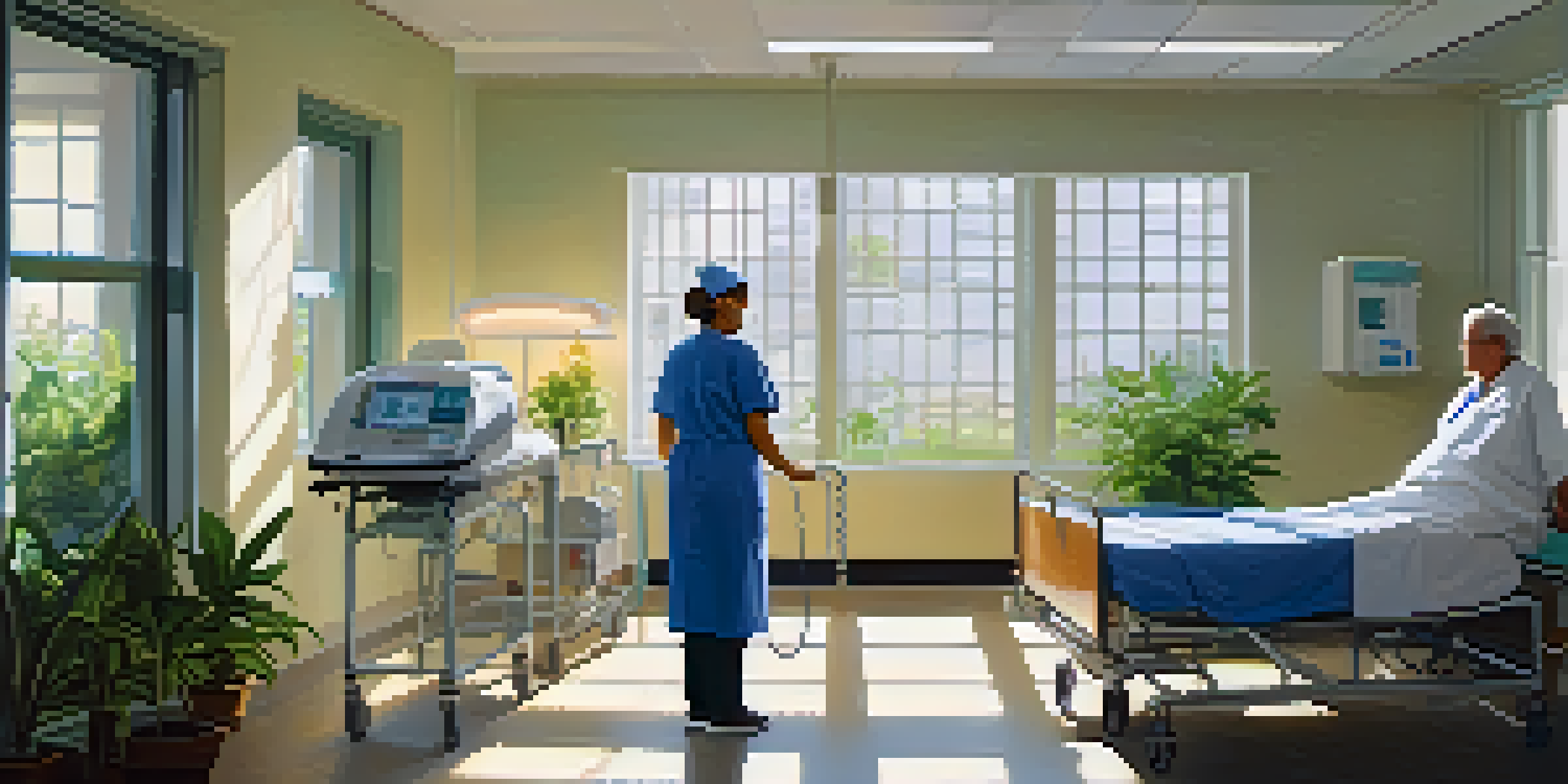 A nurse holding the hand of an elderly patient in a bright hospital room, with sunlight streaming through the window.
