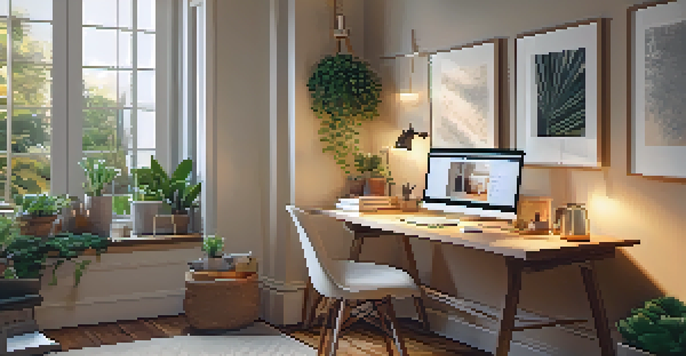 A home office with a laptop on a desk, a cup of tea, and plants visible, illustrating the concept of teletherapy.