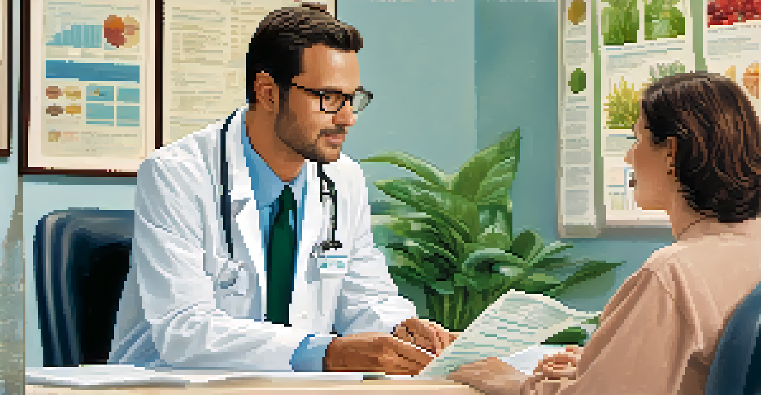 A healthcare provider explaining health information to a patient in a well-lit doctor's office, using visual aids.