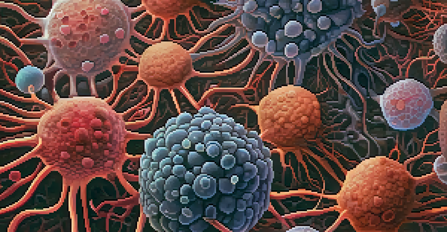 An artistic depiction of the tumor microenvironment, featuring various cells and blood vessels in a colorful, textured background.