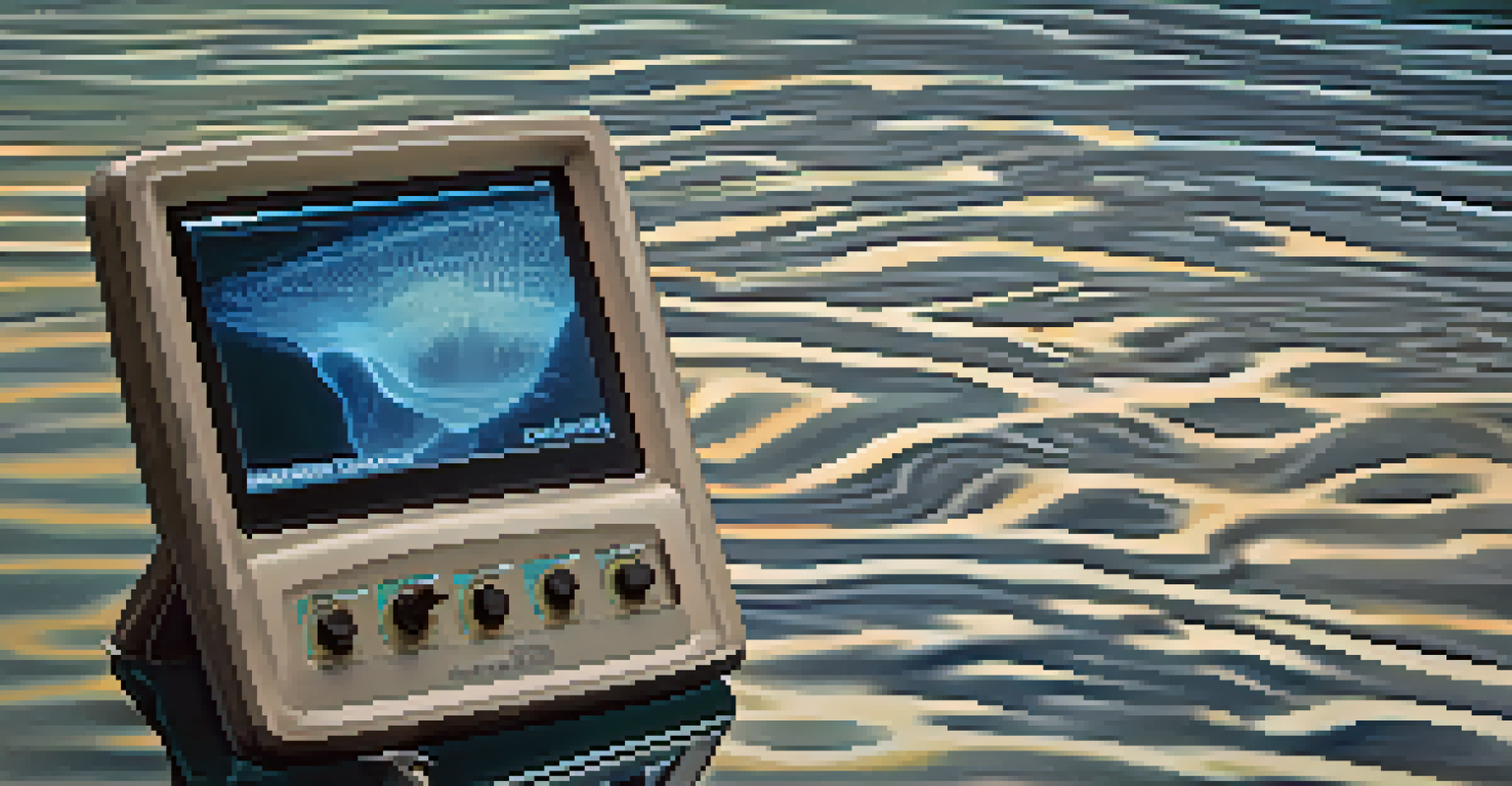Close-up of an ultrasound transducer with visual sound waves and a soft-focus human organ in the background.