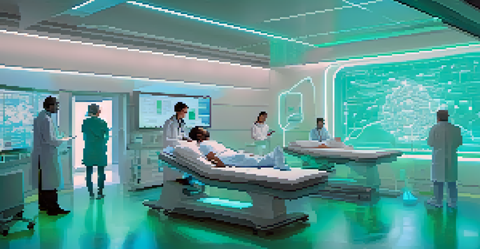 A modern healthcare setting with doctors and patients engaging with a digital blockchain interface, surrounded by advanced technology and soft lighting.