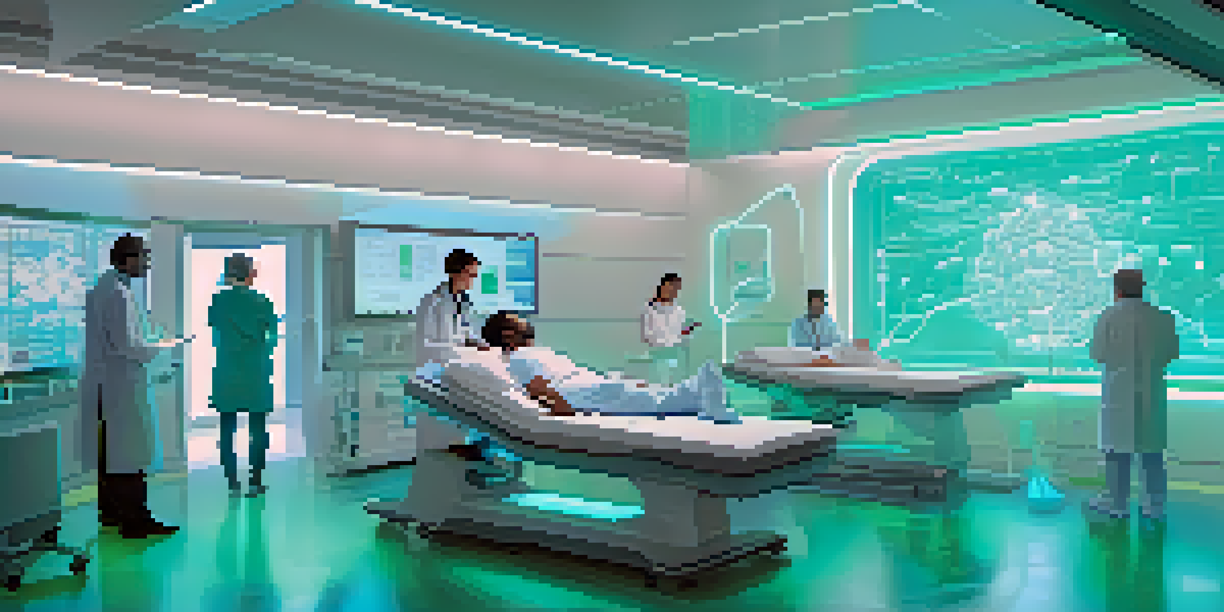 A modern healthcare setting with doctors and patients engaging with a digital blockchain interface, surrounded by advanced technology and soft lighting.