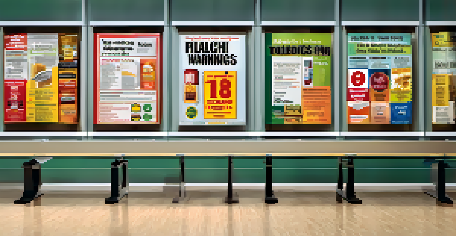 An educational poster displaying graphic health warnings and plain tobacco packaging in a modern classroom setting.