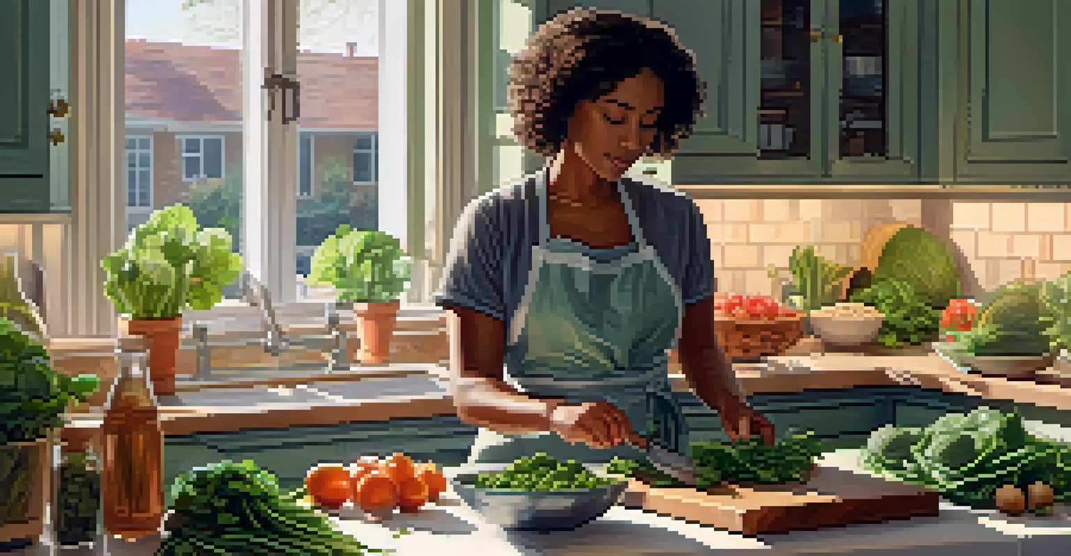 A person in a cozy kitchen preparing a healthy meal with fresh ingredients, including fish, avocados, spinach, and nuts, illuminated by soft natural light.