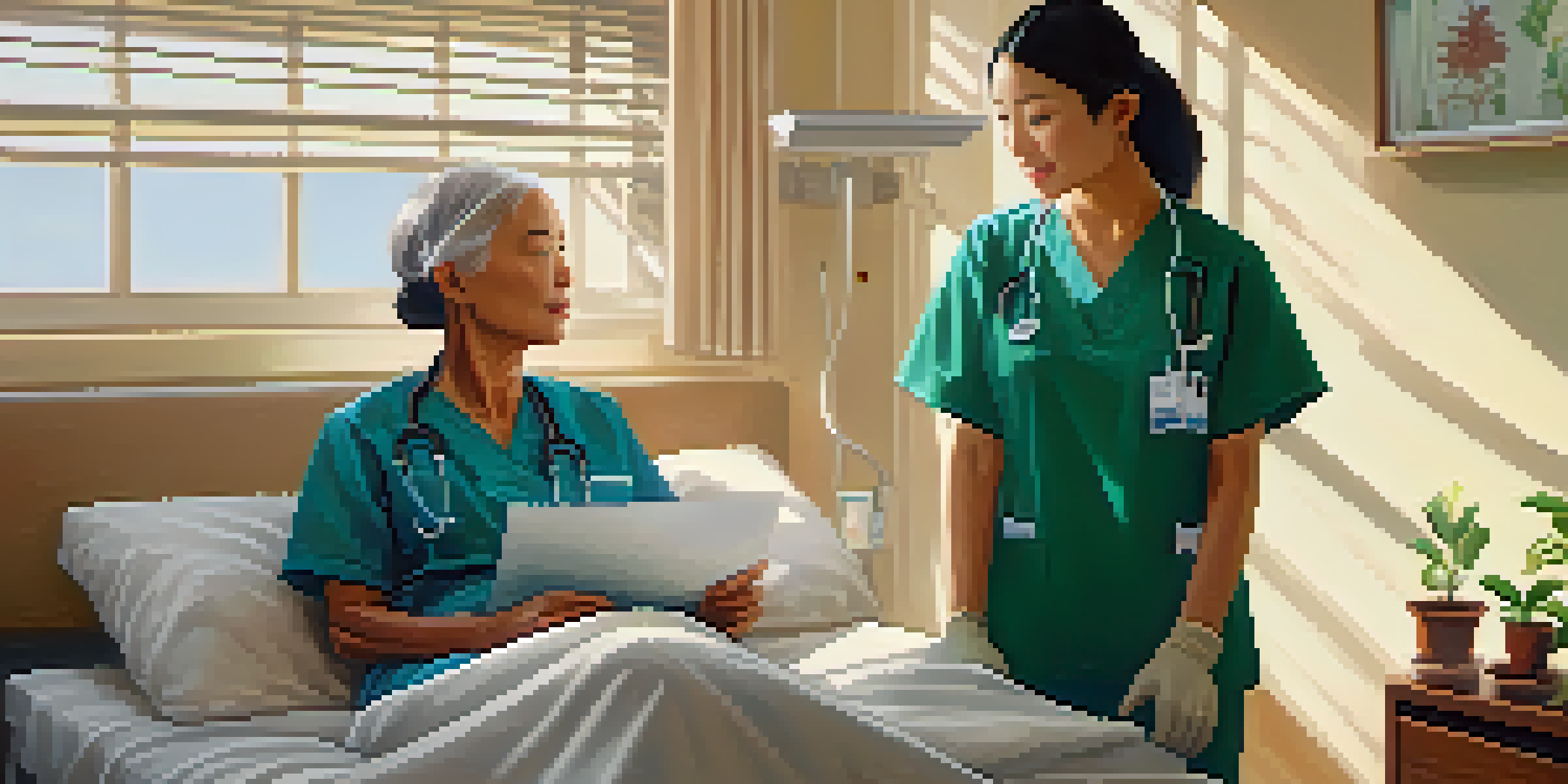 A nurse in scrubs discussing treatment options with an elderly patient in a well-lit hospital room filled with plants and artwork.