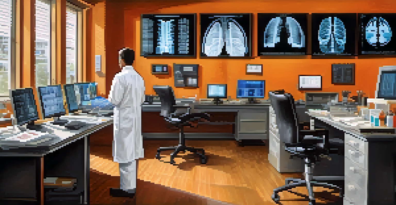 A radiologist examining X-ray images on a computer with medical charts and models in a cozy office.