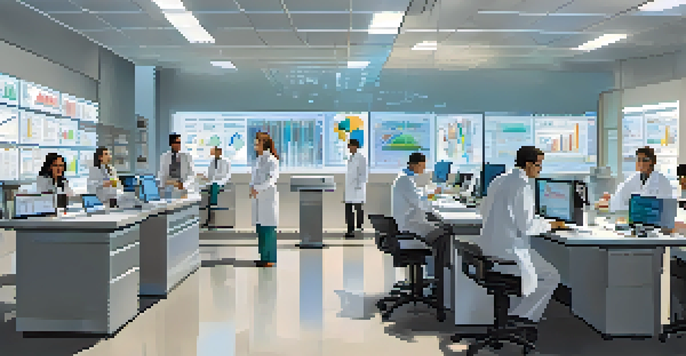 A diverse group of researchers in a laboratory discussing clinical trial findings with charts and data on the wall.