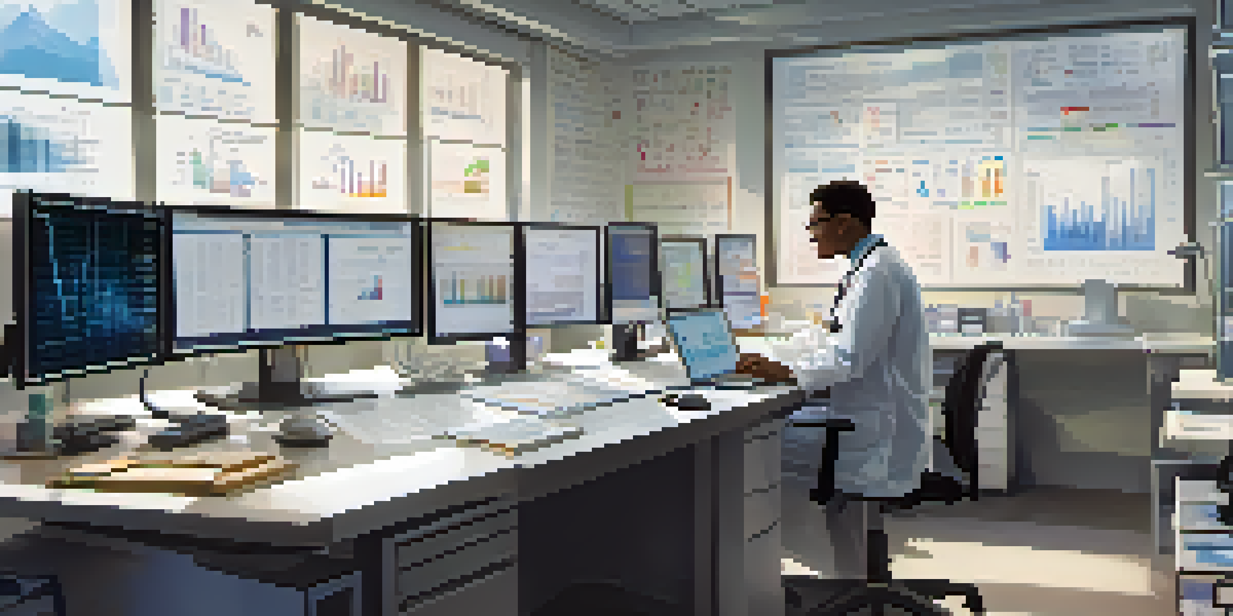 A researcher in a lab coat analyzing data on a computer screen in a well-lit laboratory, surrounded by medical charts and equipment.