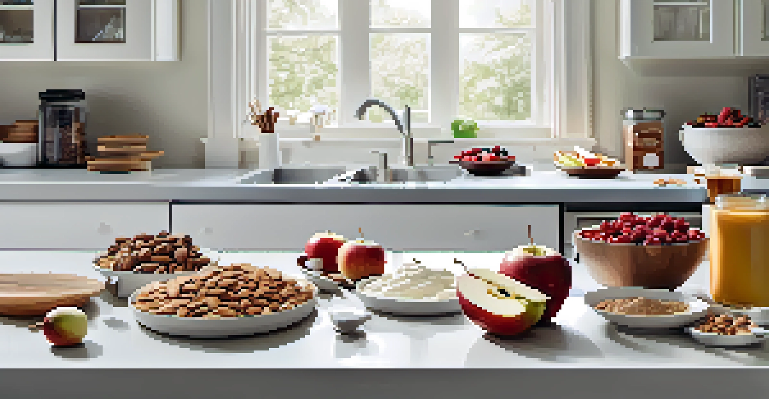 Healthy snacks for diabetes management, including fruit slices, yogurt, and nuts, displayed on a kitchen countertop.