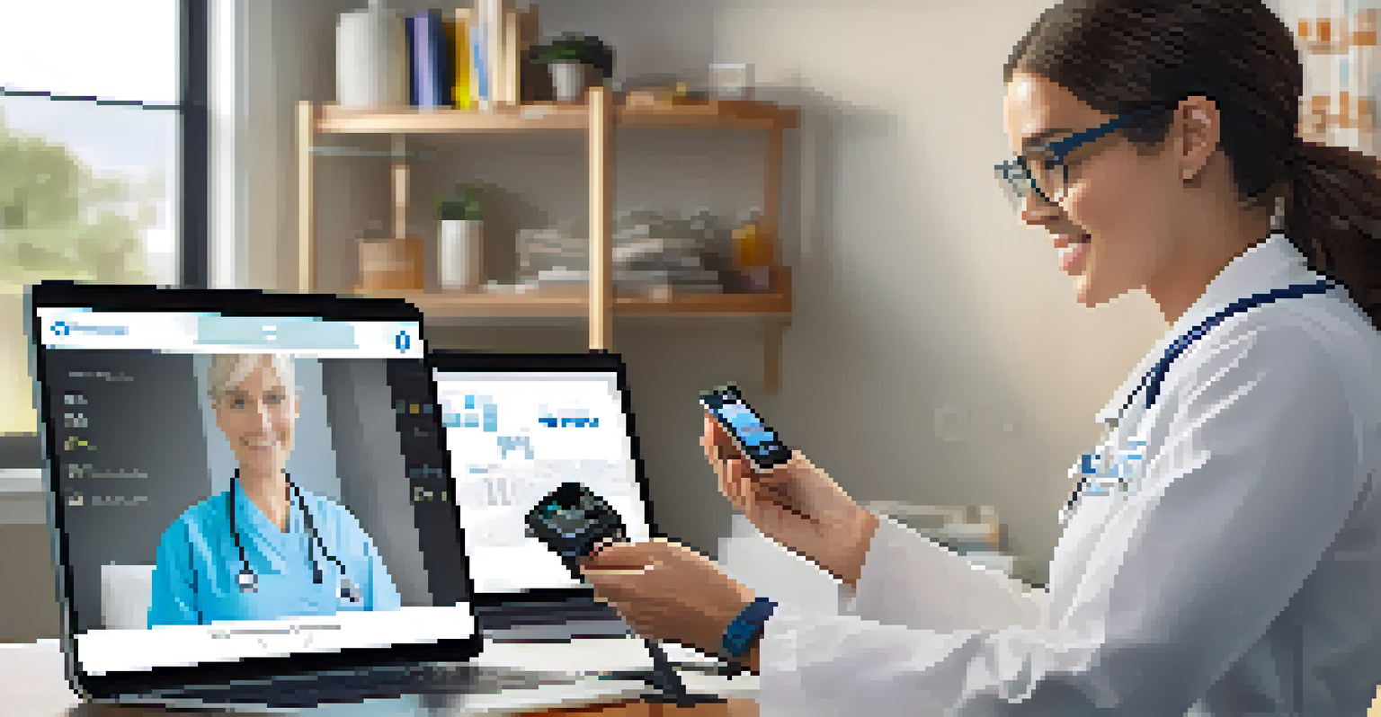 A patient using a wearable health monitor while having a virtual health check-up on a tablet in a modern home office.