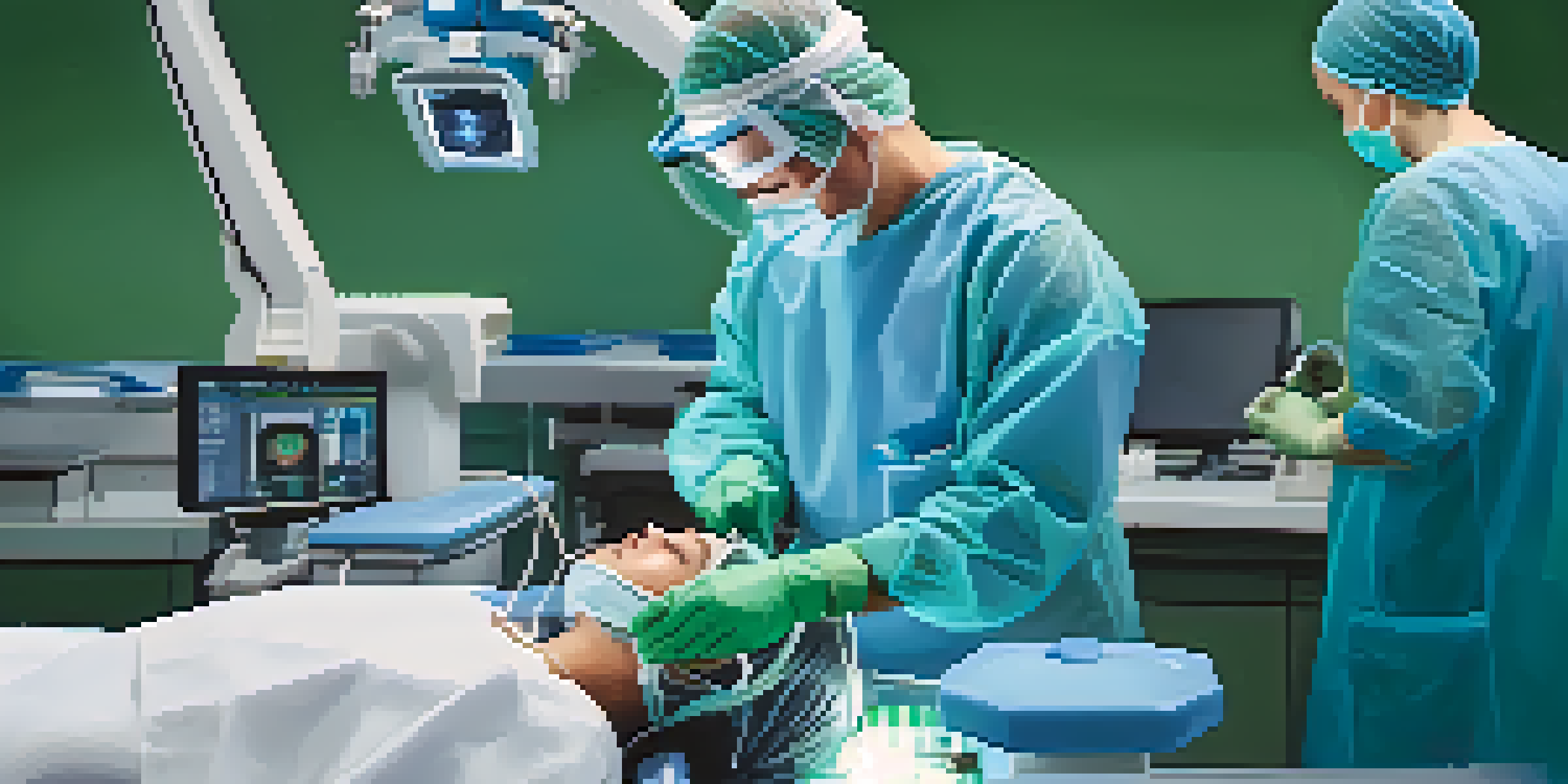 A surgeon's hands using robotic instruments in a bright operating room, with a monitor displaying the surgery.