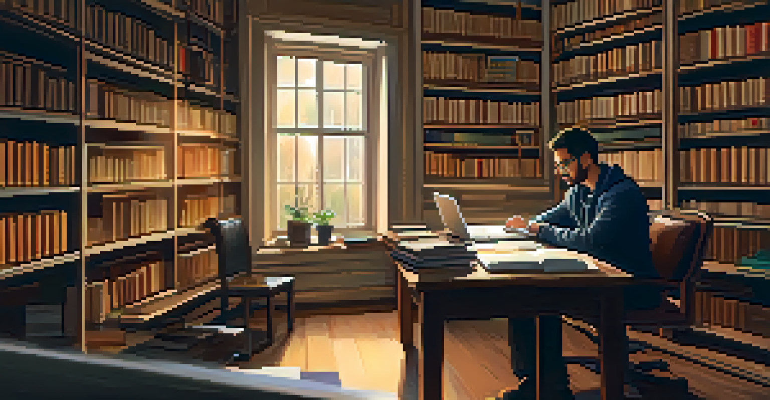 A researcher working on a research proposal at a desk, surrounded by bookshelves and warm lighting.