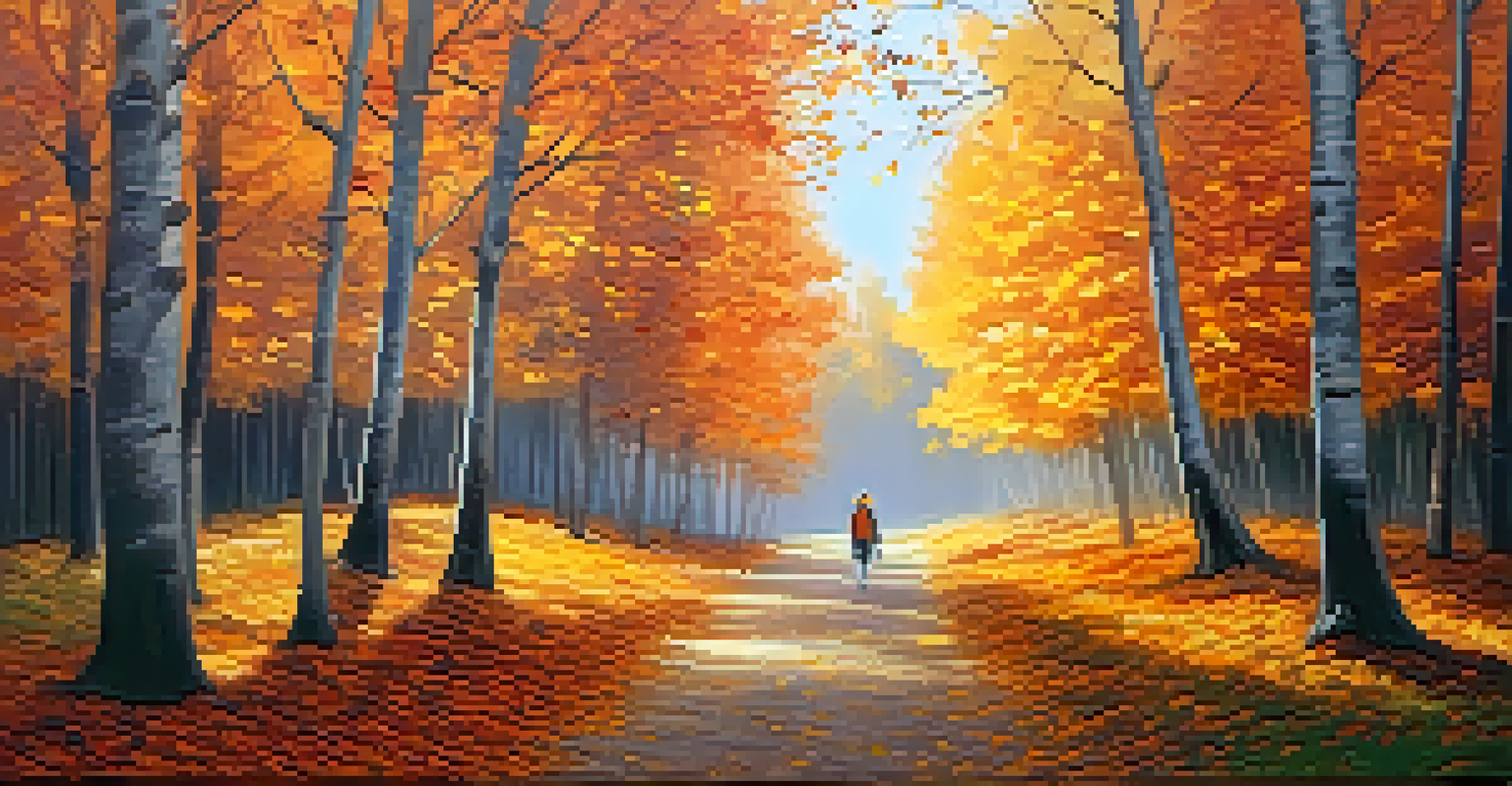 An autumn forest with colorful leaves and a person walking along a path, surrounded by tall trees and soft sunlight.