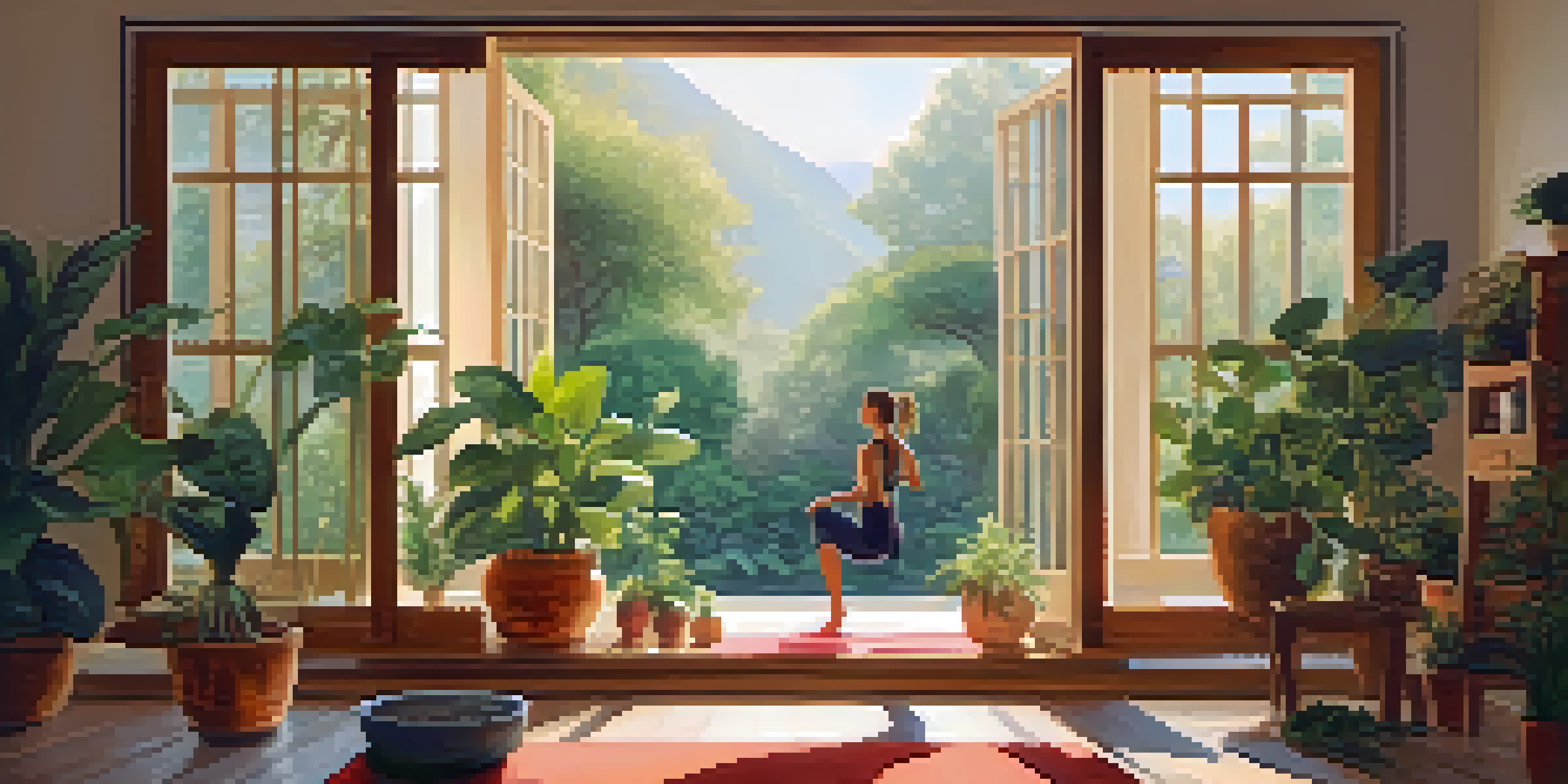 A person practicing yoga on a mat in a cozy room filled with plants and natural light from a large window.