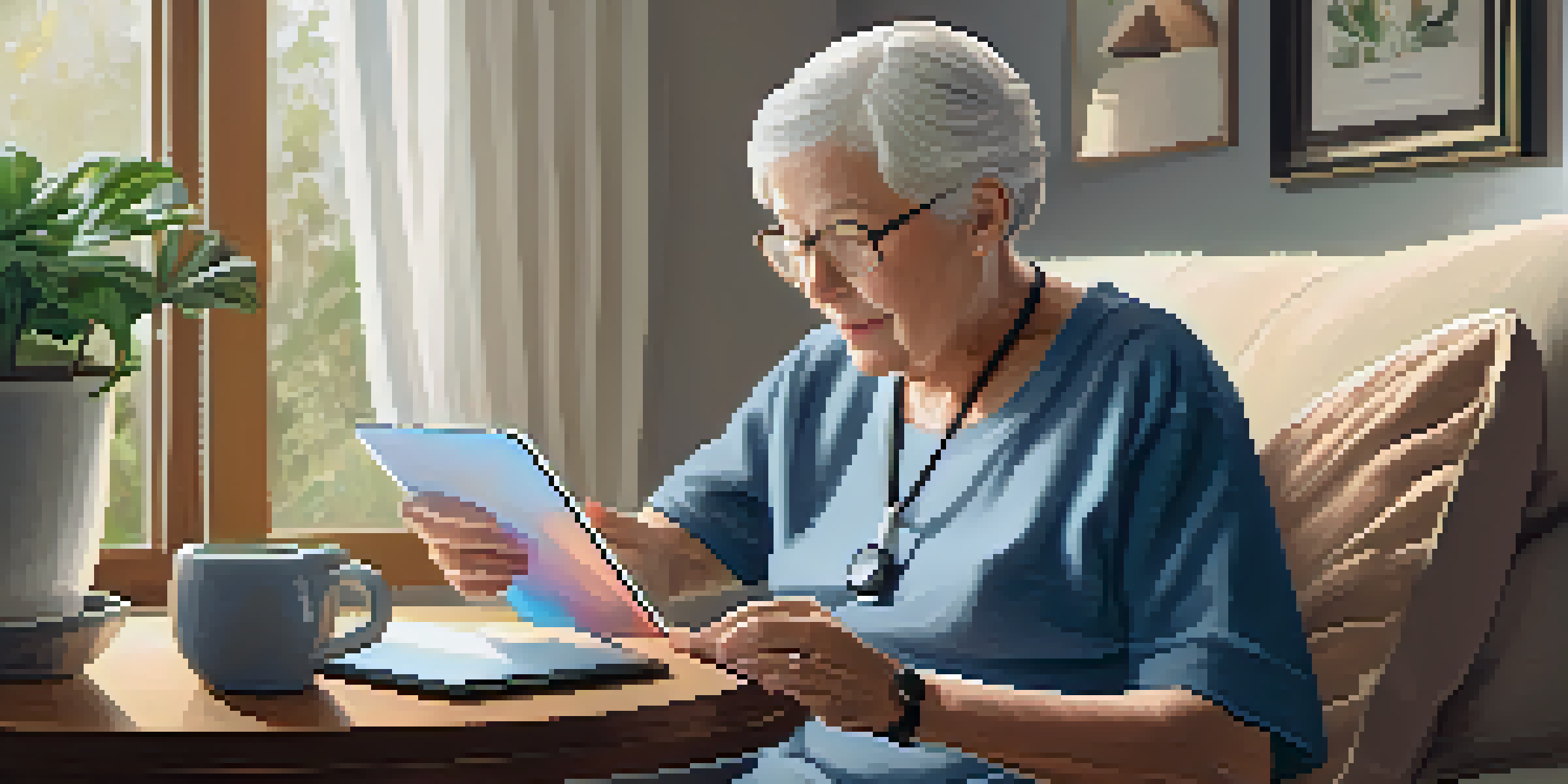An elderly individual at home using a tablet for a telemedicine appointment, surrounded by a warm and inviting living room.