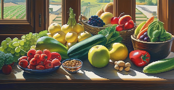 A colorful assortment of fresh fruits and vegetables on a wooden table, with a bowl of nuts and seeds in the corner, illuminated by soft sunlight.