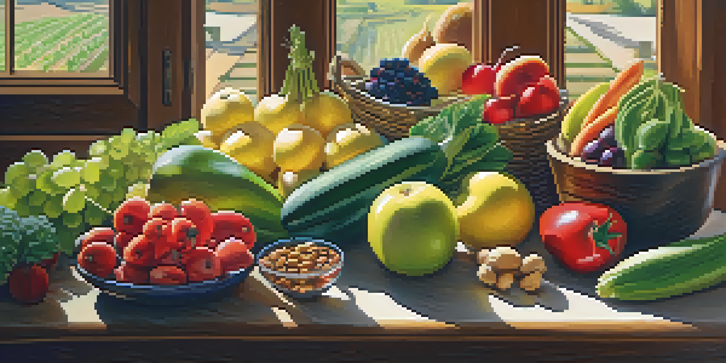 A colorful assortment of fresh fruits and vegetables on a wooden table, with a bowl of nuts and seeds in the corner, illuminated by soft sunlight.
