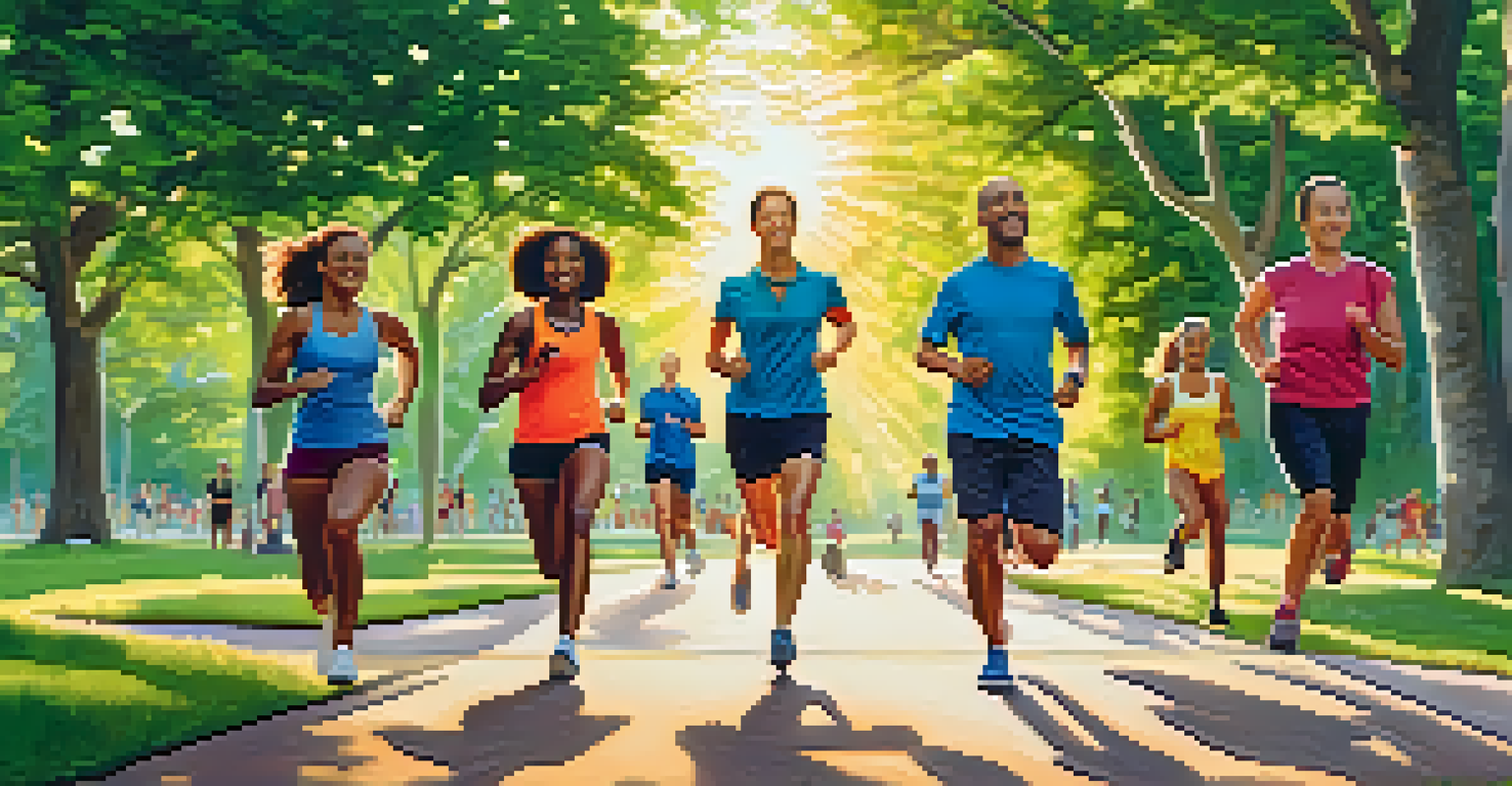 A lively park scene with diverse people participating in different fitness activities like jogging, cycling, and yoga under the sun.