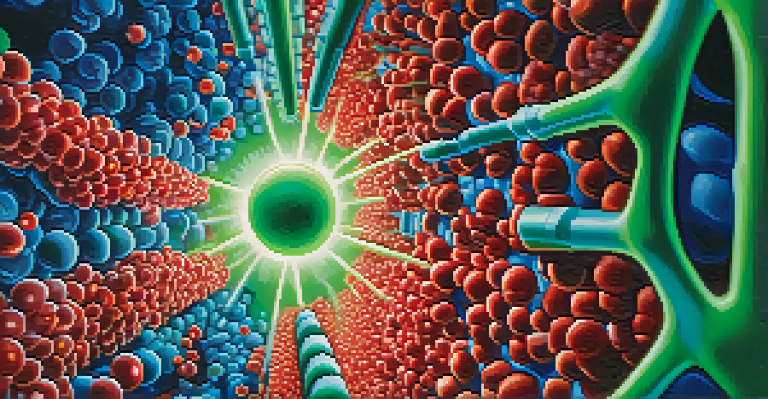 A laser beam targeting a red cancer cell among blue and green healthy cells, symbolizing targeted cancer therapy.