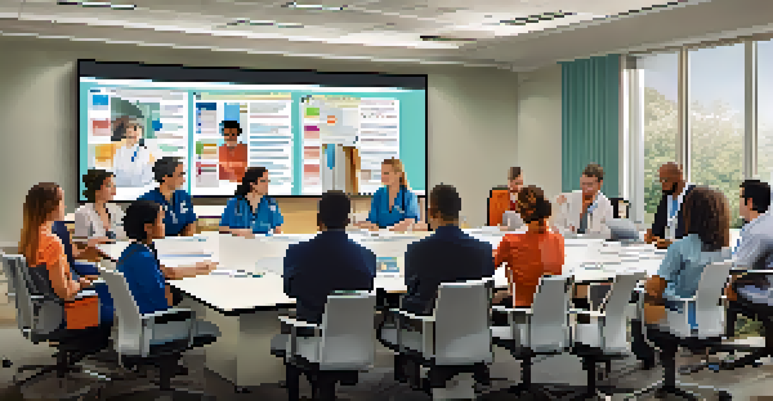 Healthcare professionals engaged in an interprofessional meeting around a conference table, discussing patient care.
