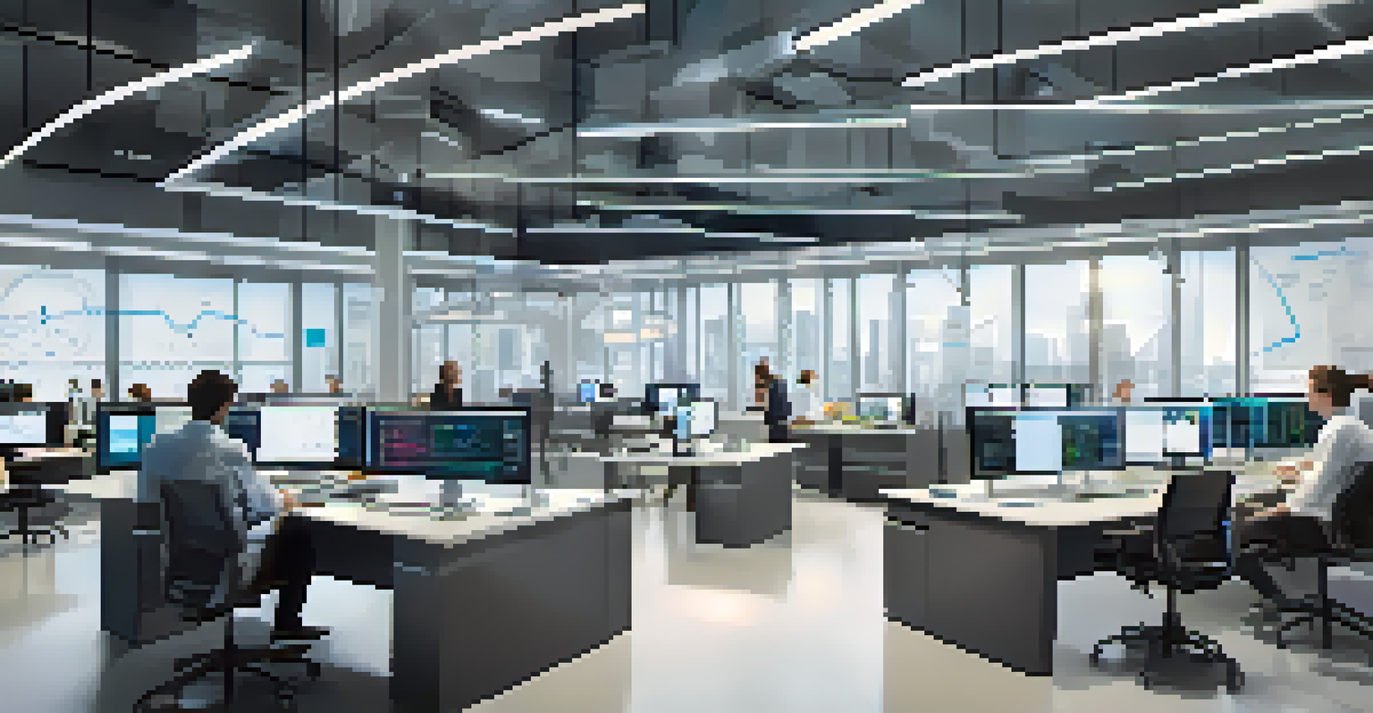 A clinical trial office filled with researchers analyzing data on large screens, surrounded by charts and graphs, with natural light coming through large windows.
