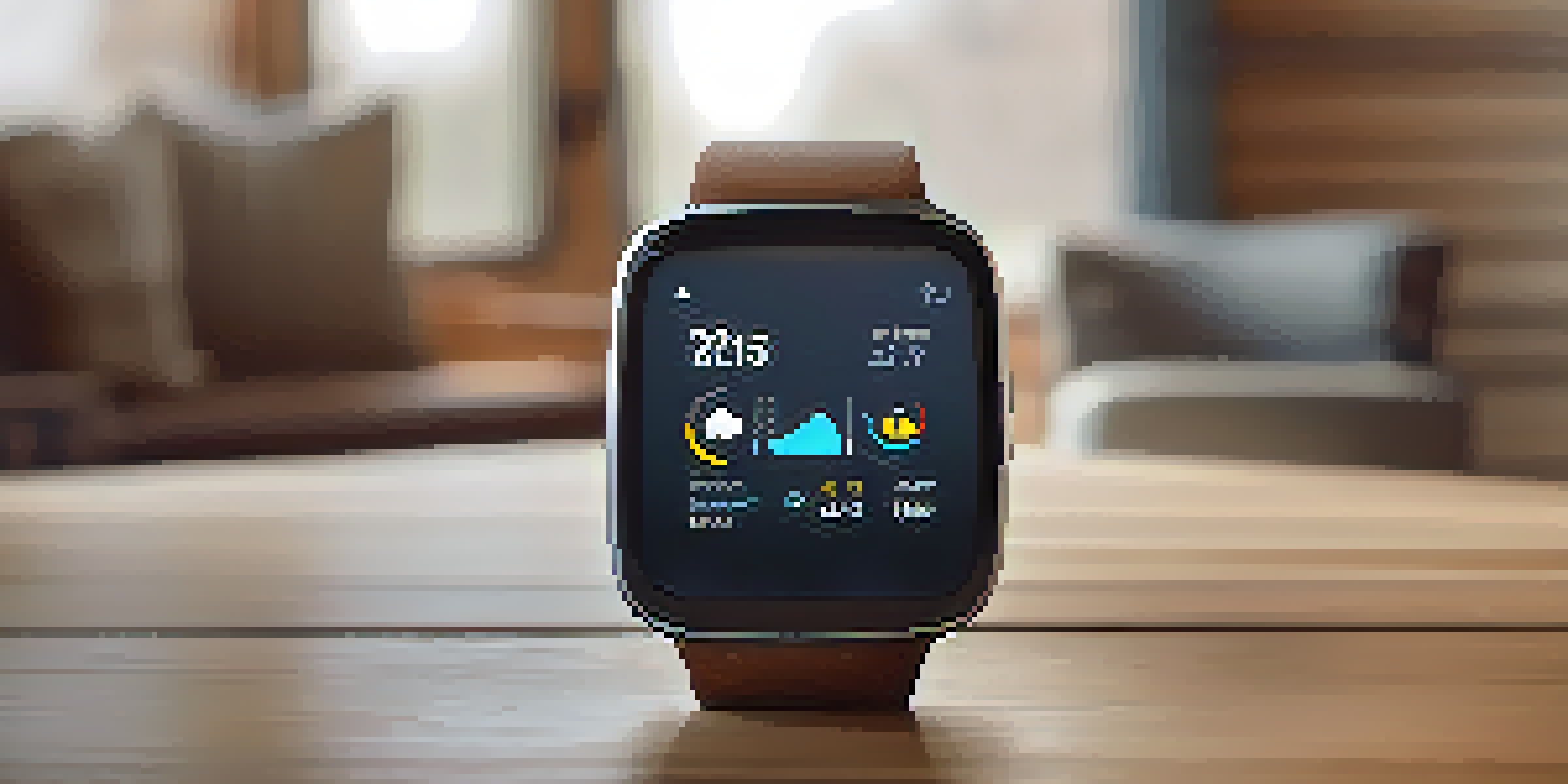 A close-up of a smartwatch on a wooden table showing health metrics, with a cozy living room blurred in the background.