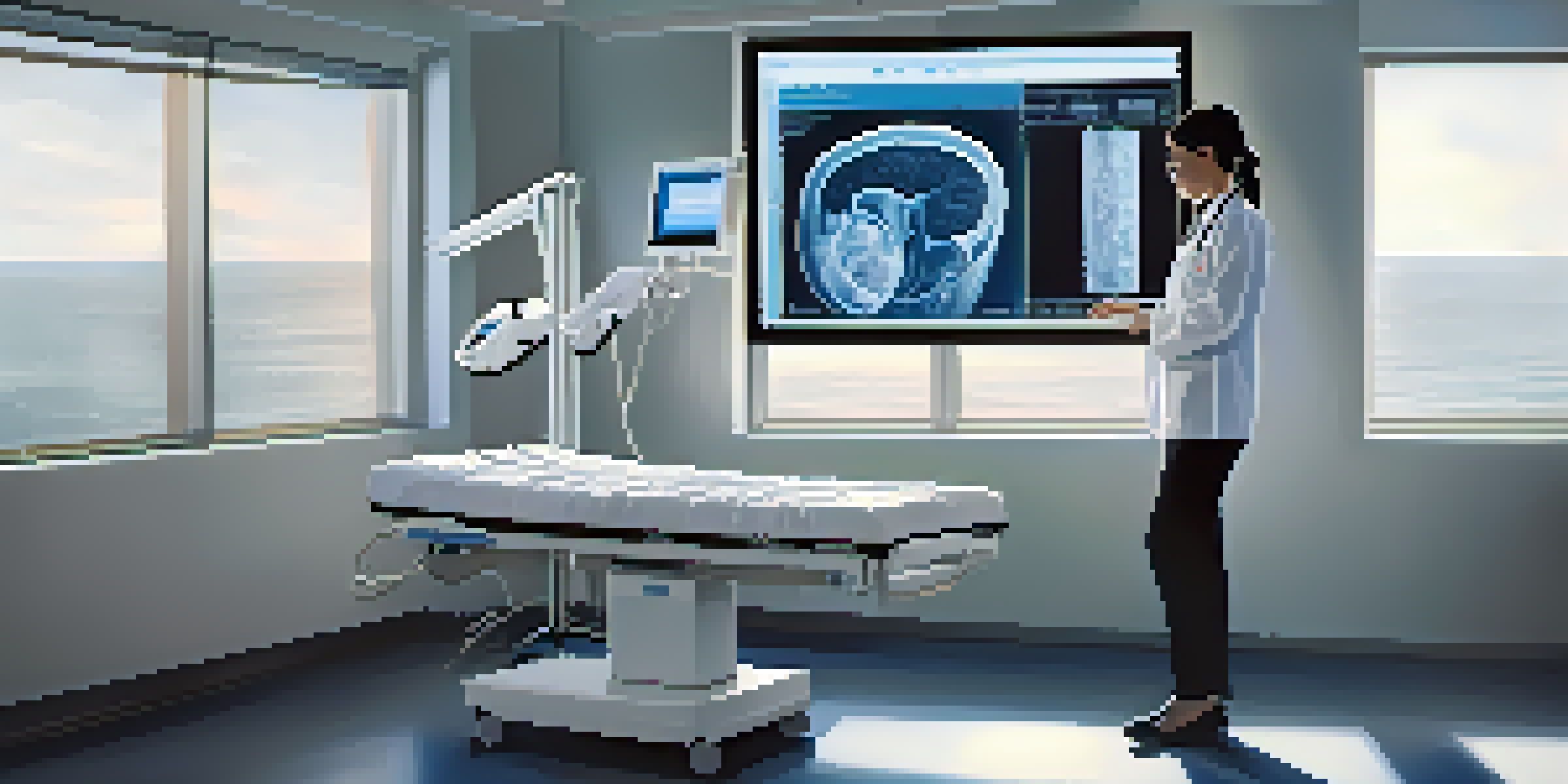 A healthcare worker operating an ultrasound machine, with a bright room and a screen showing a fetus image.