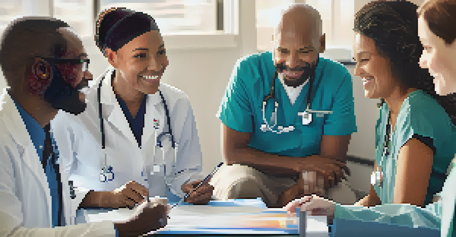 A diverse group of cancer patients and healthcare professionals discussing treatment options in a supportive clinic environment.