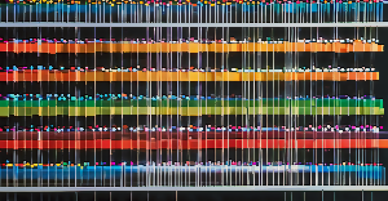 A microarray chip on a reflective surface with colorful labeled DNA samples, illuminated by bright, indirect lighting.