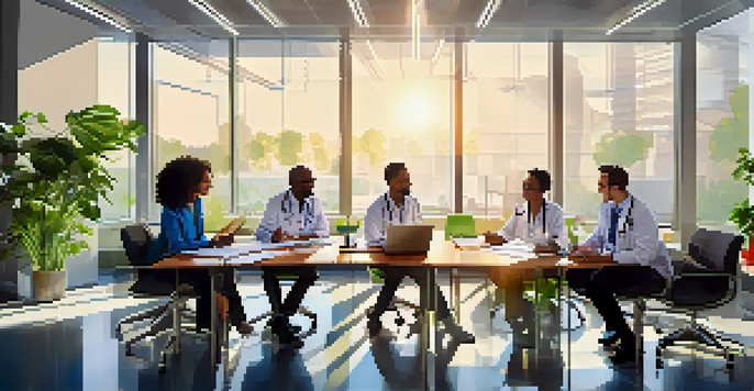 A diverse group of healthcare professionals collaborating on a healthcare policy in a modern office filled with sunlight and greenery.