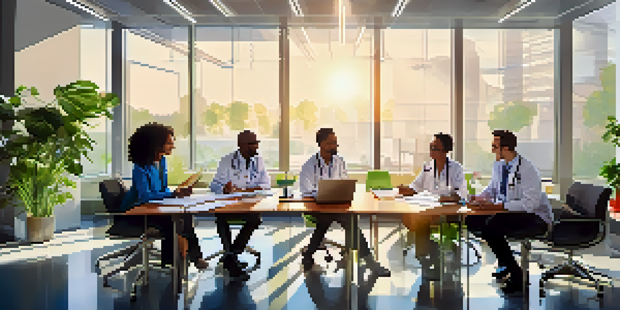 A diverse group of healthcare professionals collaborating on a healthcare policy in a modern office filled with sunlight and greenery.