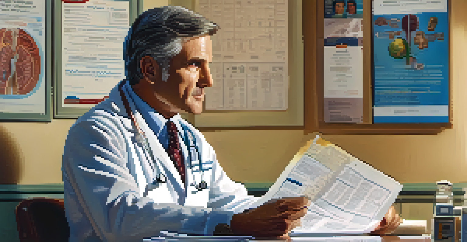 A close-up of a thoughtful man in a doctor's office reading a health screening pamphlet, with medical posters in the background.