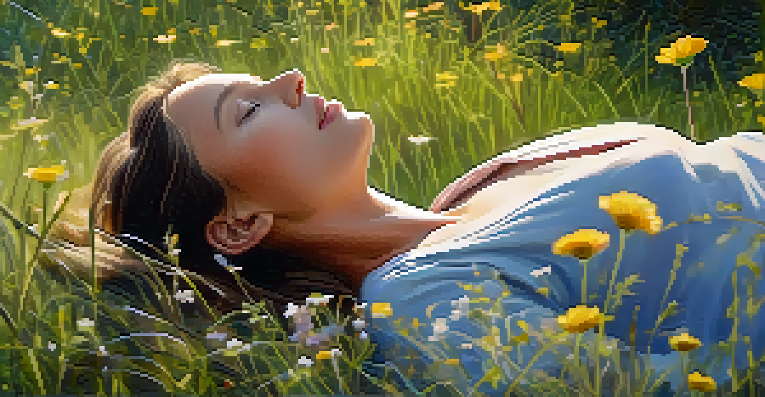 A close-up of a person sitting on grass practicing focused breathing in a tranquil outdoor setting, surrounded by wildflowers and sunlight.