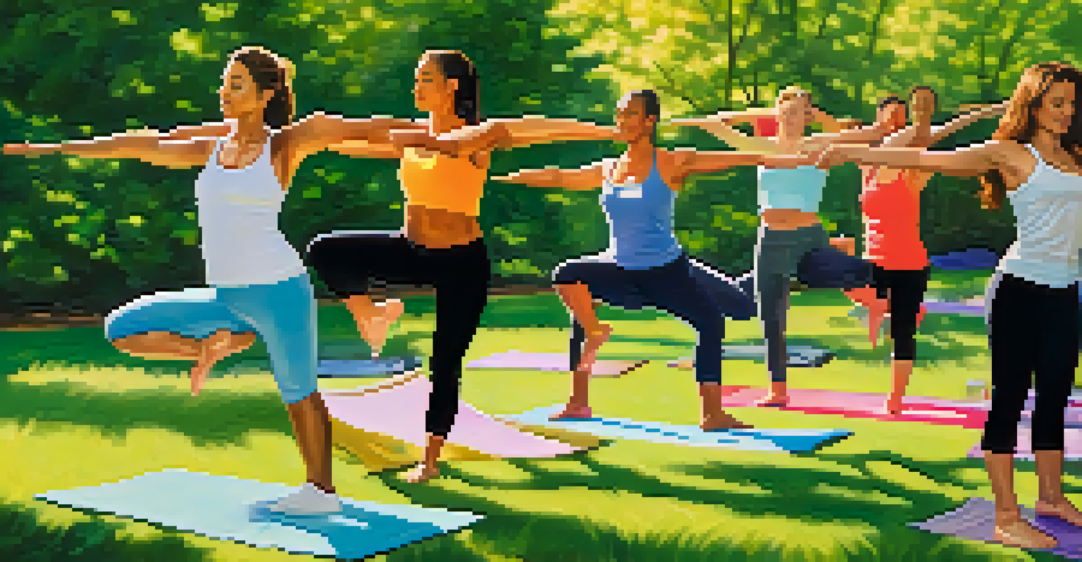 A group of people practicing yoga in a sunny park, surrounded by nature, promoting physical activity for pain management.