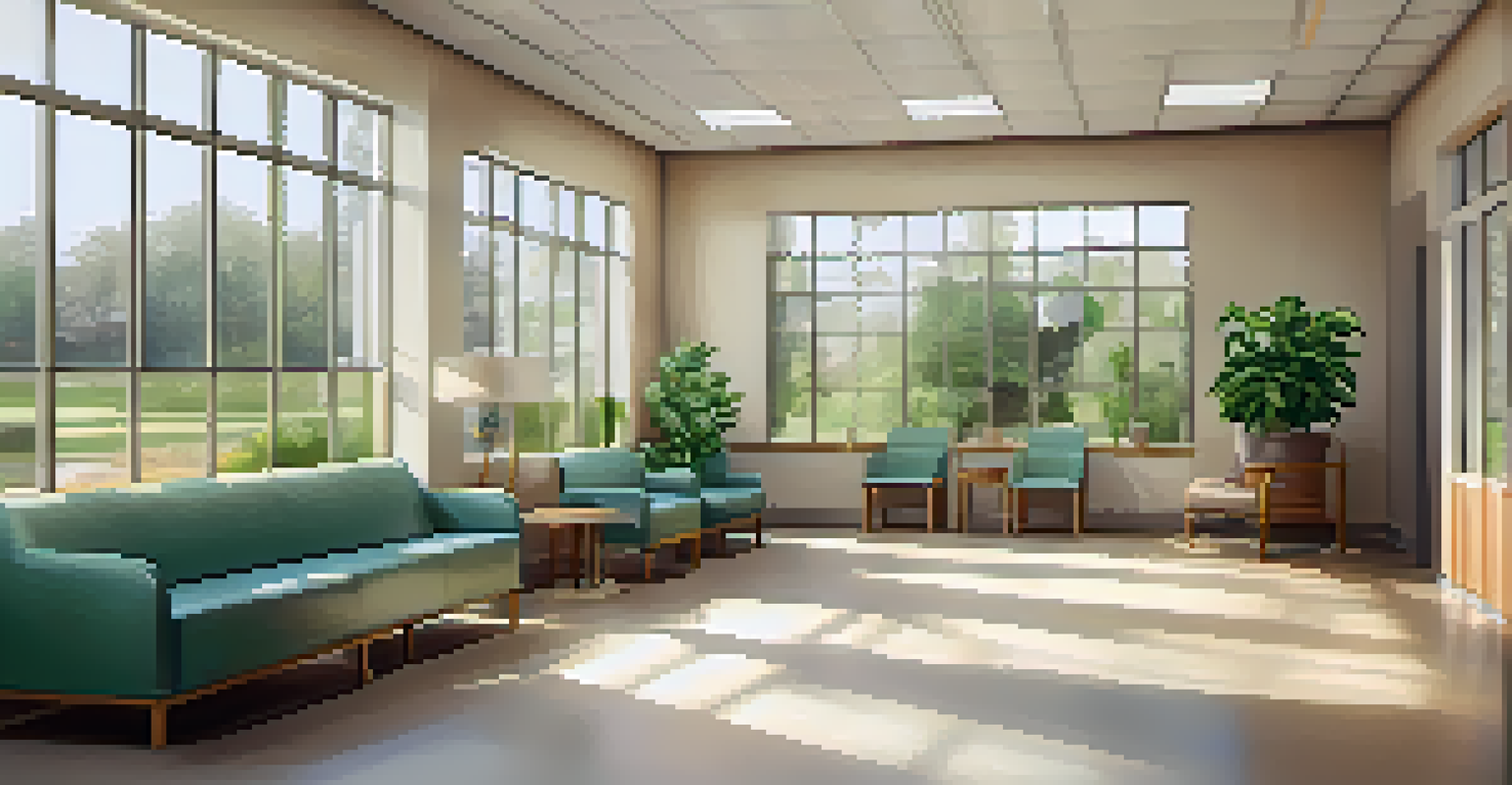A peaceful healthcare clinic waiting room with comfortable seating and natural light, featuring patients of diverse backgrounds.