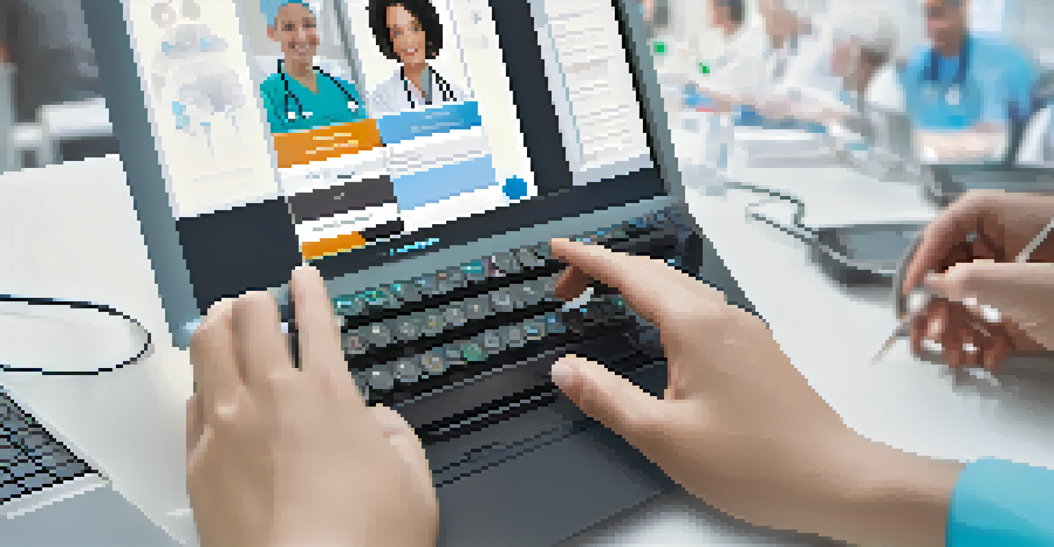 A close-up of a healthcare professional's hands typing on a computer, with a visible chatbot interface in a busy clinic setting.