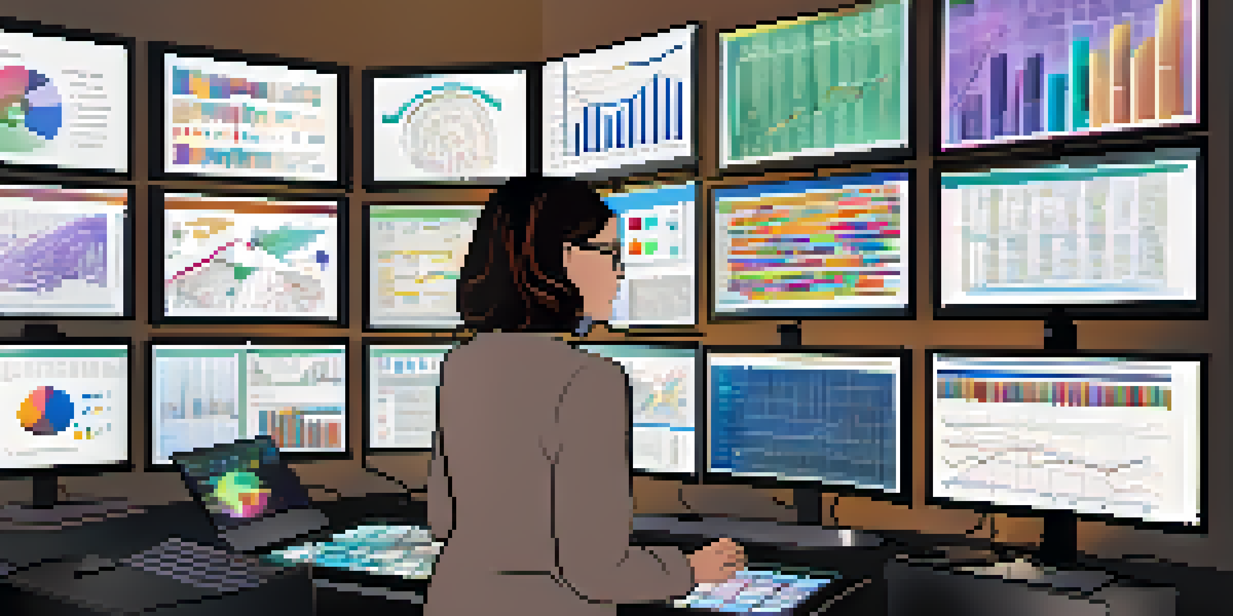 A middle-aged woman with glasses working as a biostatistician, surrounded by colorful data visualizations on multiple screens in a modern office.