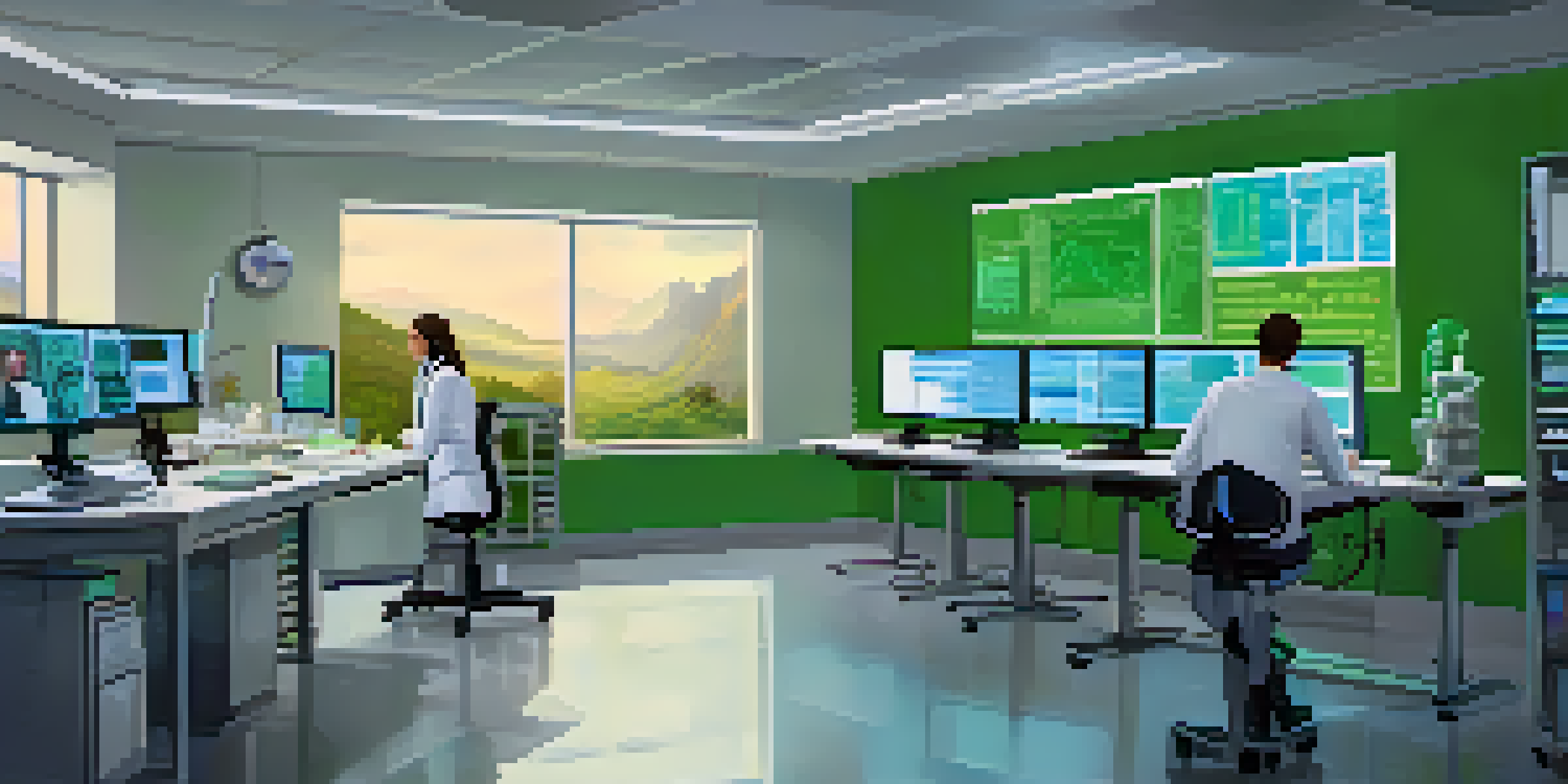 A medical researcher in a lab coat analyzing data on a computer in a bright laboratory, with statistical graphs and a green landscape visible through the window.
