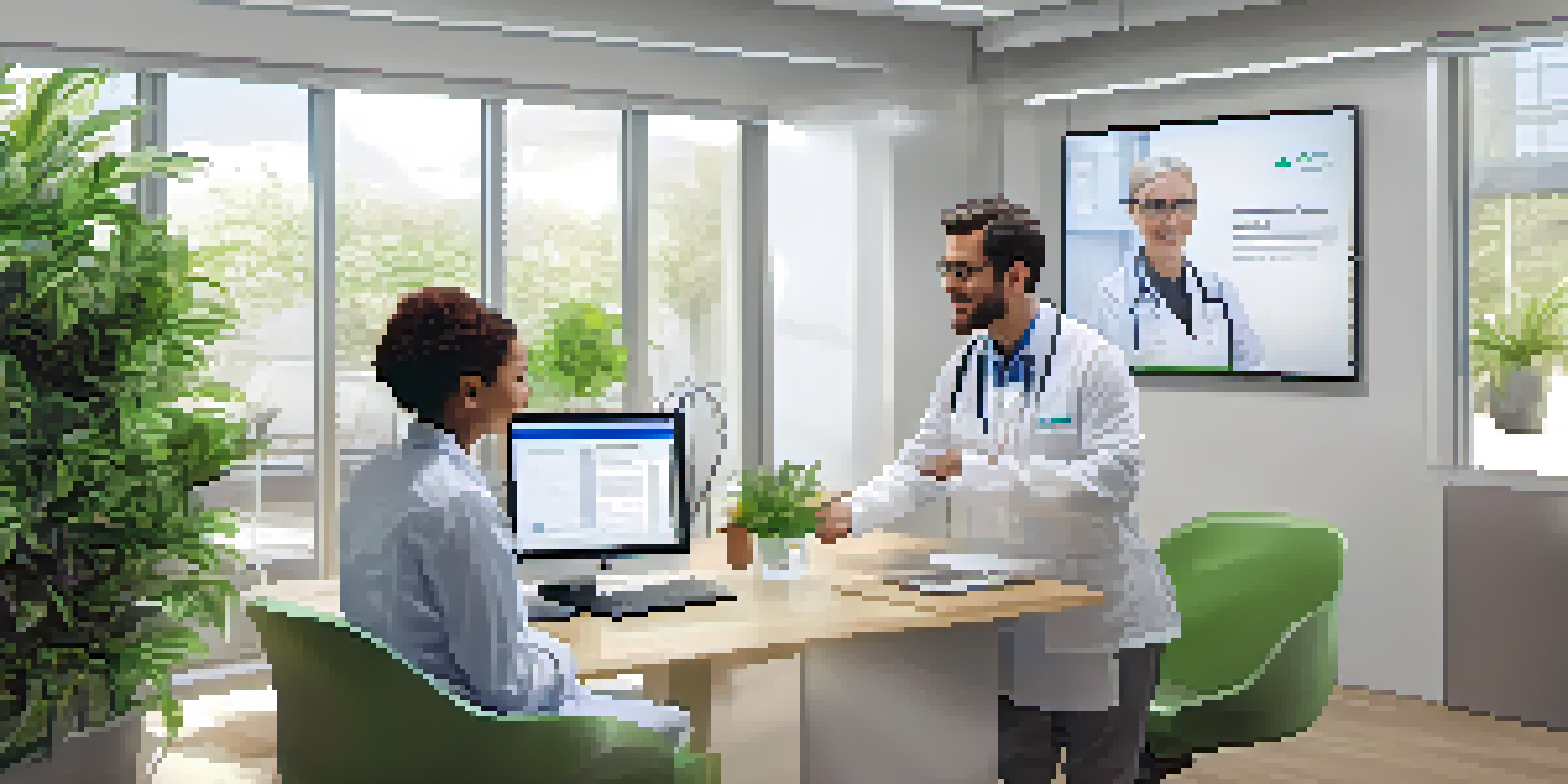 A healthcare professional conducting a virtual consultation with a patient on a screen in a well-lit office, with plants and medical certificates in the background.