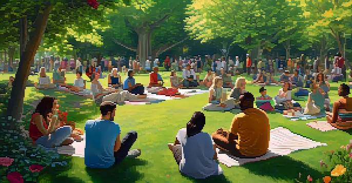 A diverse group of people sitting together in a park, engaging in discussions about mental health under the warm sunlight.