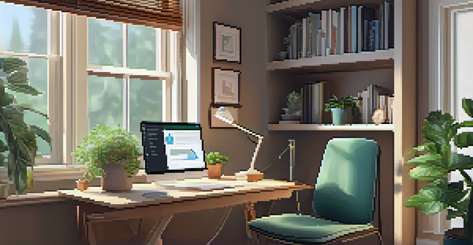 A home office with a computer displaying a telehealth consultation. A plant and natural light create a warm atmosphere.
