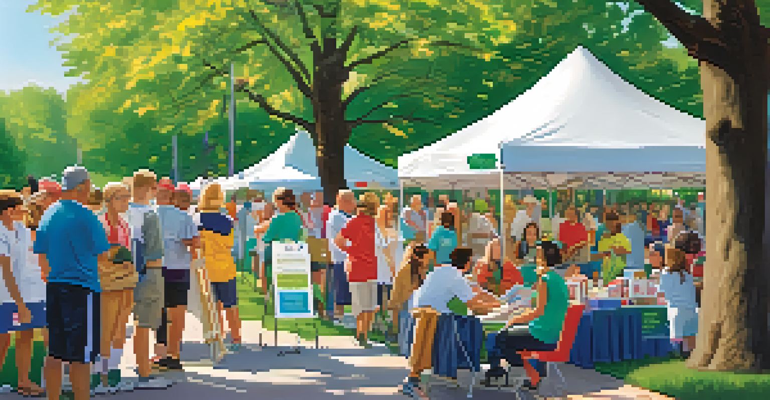 An outdoor health awareness event in a park with a colorful booth and families interacting with volunteers.