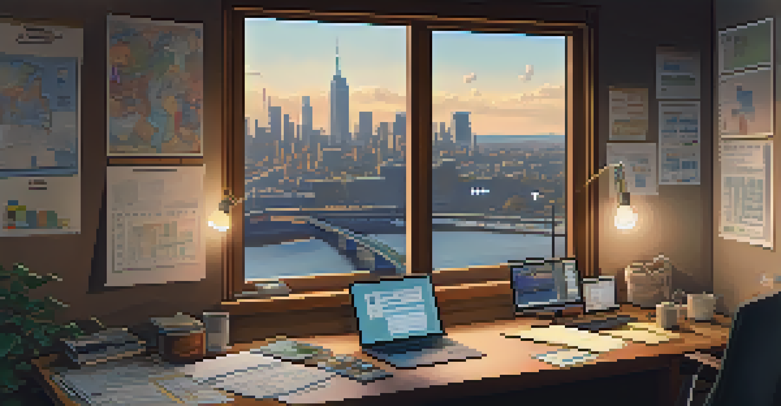 A workspace with papers, graphs, and a laptop showing data analysis, complemented by a city skyline outside the window.