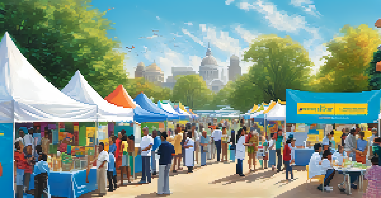 A vibrant community health fair featuring diverse families engaging with healthcare professionals in a park.
