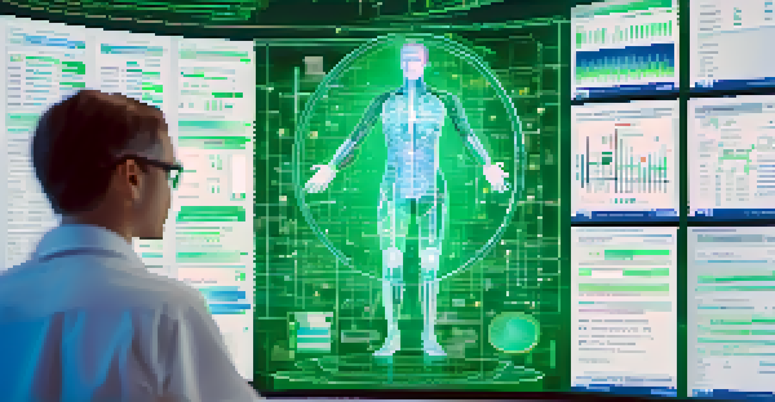 A healthcare provider analyzing a digital screen filled with data patterns and graphs representing electronic health records, with a tech-inspired background.
