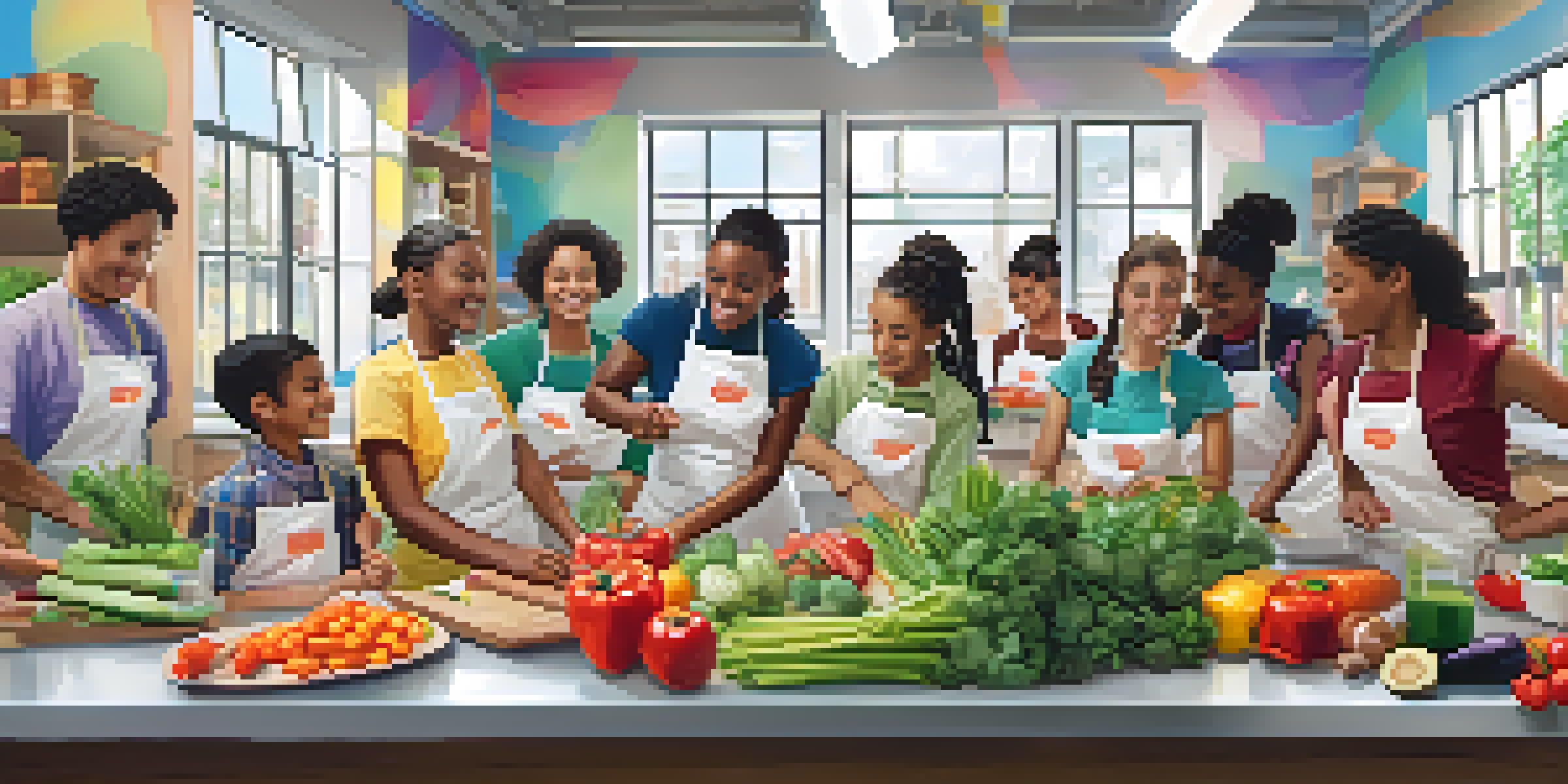 A diverse group of students happily cooking a healthy meal in a brightly lit classroom, with fresh ingredients and educational posters about nutrition.