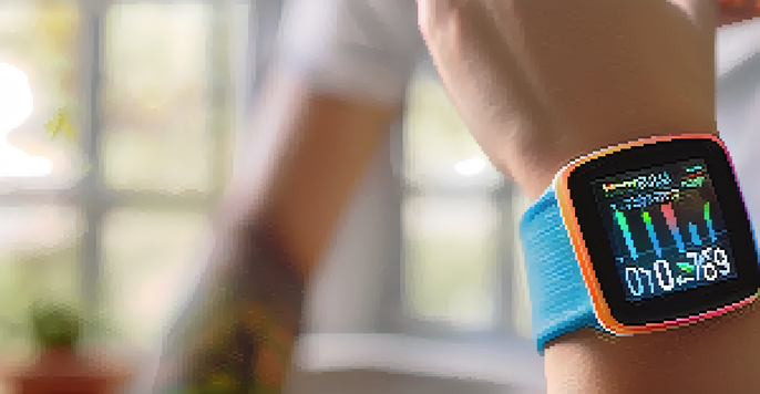 A close-up of a modern wearable health device on a wrist, showcasing vibrant metrics, set in a cozy home environment.