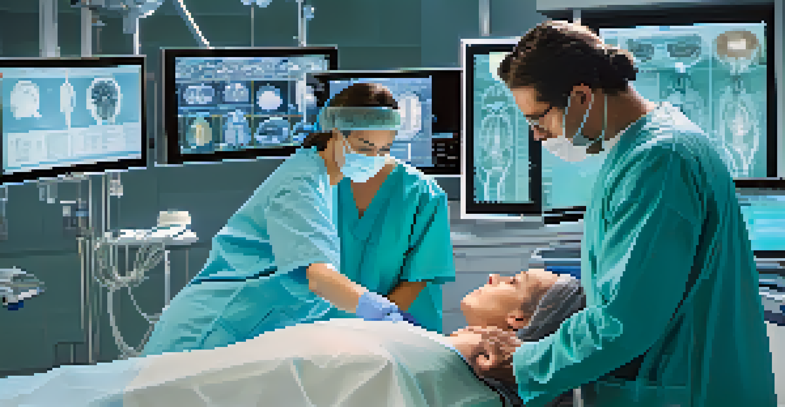 A surgeon explaining advanced surgical technology to a patient using a tablet in a modern surgical room.